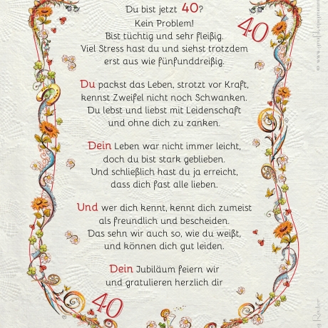 Geschenk Karte Urkunde 40. Geburtstag, Zeichnung mit humorvollem Gedicht, A4 Bild-Präsent
