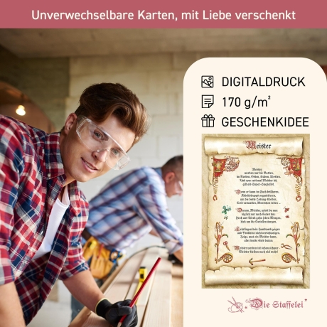 Geschenk Karte Urkunde Meister, Zeichnung mit humorvollem Gedicht, A4 Bild-Präsent