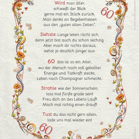 Geschenk Karte Urkunde 60. Geburtstag, Zeichnung mit humorvollem Gedicht, A4 Bild-Präsent