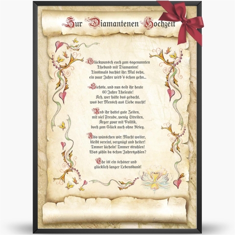 Geschenk Karte Urkunde Diamantene Hochzeit, Zeichnung mit humorvollem Gedicht, A4 Bild-Präsent