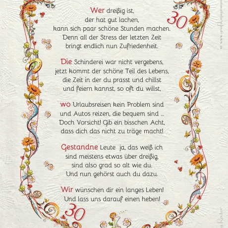Geschenk Karte Urkunde 30. Geburtstag, Zeichnung mit humorvollem Gedicht, A4 Bild-Präsent