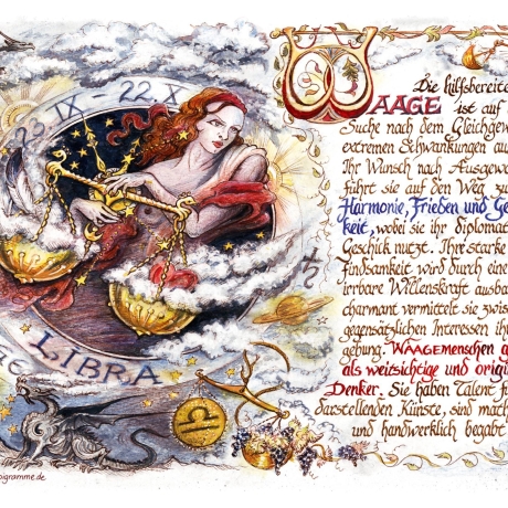 Geschenk Karte Sternzeichen Waage, Zeichnung mit Spruchtext, A4 Bild-Präsent