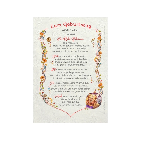 Geschenk Karte Urkunde Sternzeichen Krebs, Zeichnung mit humorvollem Gedicht, A4 Bild-Präsent für Krebse, persönlich durch Wunschtext