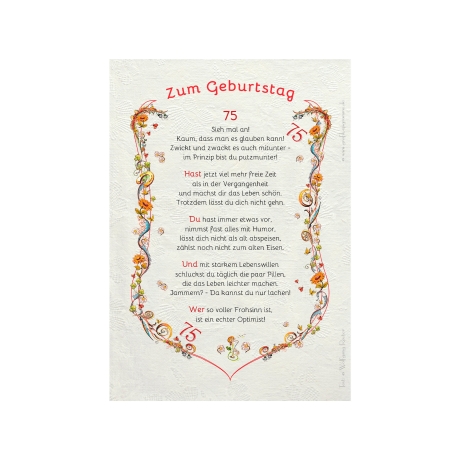Geschenk Karte Urkunde 75. Geburtstag, Zeichnung mit humorvollem Gedicht, A4 Bild-Präsent