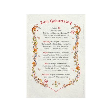 Geschenk Karte Urkunde 18. Geburtstag, Zeichnung mit humorvollem Gedicht, A4 Bild-Präsent