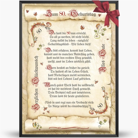Geschenk Karte Urkunde 80. Geburtstag, Zeichnung mit humorvollem Gedicht, A4 Bild-Präsent