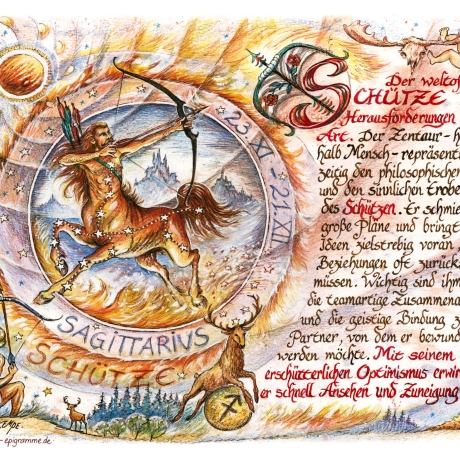 Geschenk Karte Sternzeichen Schütze, Zeichnung mit Spruchtext, A4 Bild-Präsent