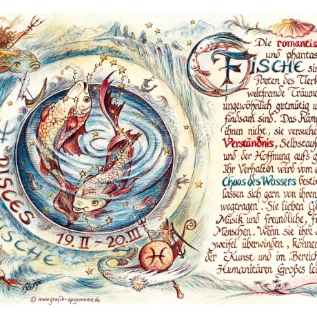 Geschenk Karte Sternzeichen Fische, Zeichnung mit Spruchtext, A4 Bild-Präsent