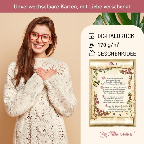 Geschenk Karte Urkunde Danke, Zeichnung mit humorvollem Gedicht, A4 Bild-Präsent