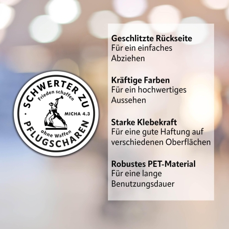 Die Staffelei Sticker „Schwerter zu Pflugscharen - Frieden schaffen ohne Waffen“ / selbstklebende Aufkleber in verschiedenen Ausführungen