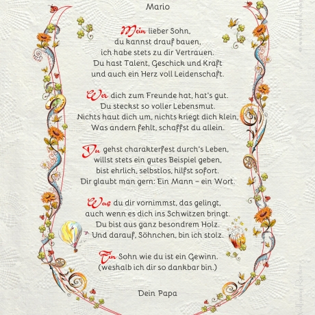 Geschenk Urkunde Mein lieber Sohn, Zeichnung mit humorvollem Gedicht, Bild-Präsent für den Sohn, persönlich durch Wunschtext