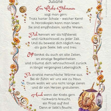 Geschenk Karte Urkunde Sternzeichen Krebs, Zeichnung mit humorvollem Gedicht, A4 Bild-Präsent für Krebse, persönlich durch Wunschtext