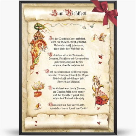 Geschenk Karte Urkunde Richtfest, Zeichnung mit humorvollem Gedicht, A4 Bild-Präsent