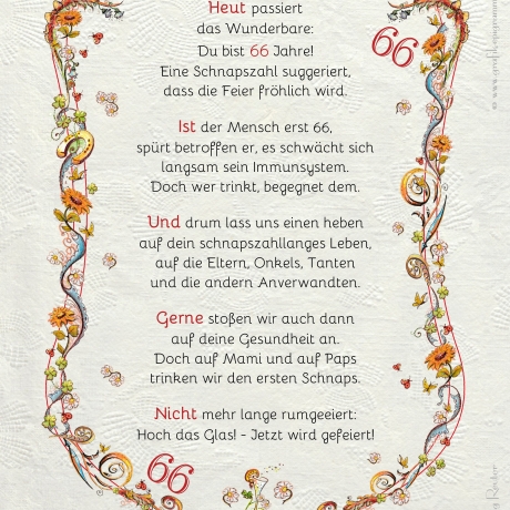 Geschenk Karte Urkunde 66. Geburtstag, Zeichnung mit humorvollem Gedicht, A4 Bild-Präsent