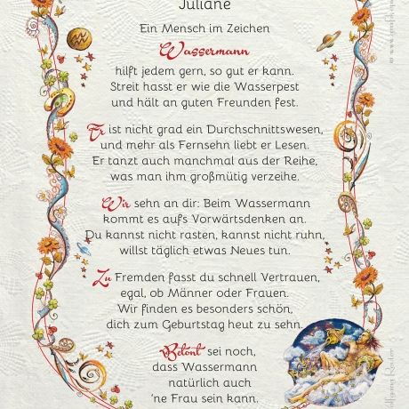 Geschenk Karte Urkunde Sternzeichen Wassermann, Zeichnung mit humorvollem Gedicht, A4 Bild-Präsent, persönlich durch Wunschtext