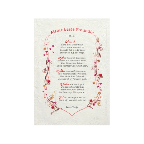 Geschenk Urkunde Meine beste Freundin, Zeichnung mit humorvollem Gedicht, Bild-Präsent für die beste Freundin, persönlich durch Wunschtext