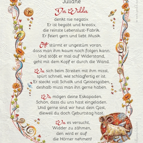 Geschenk Karte Urkunde Sternzeichen Widder, Zeichnung mit humorvollem Gedicht, A4 Bild-Präsent, persönlich durch Wunschtext