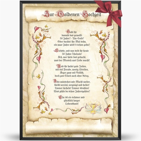 Geschenk Karte Urkunde Goldene Hochzeit, Zeichnung mit humorvollem Gedicht, A4 Bild-Präsent