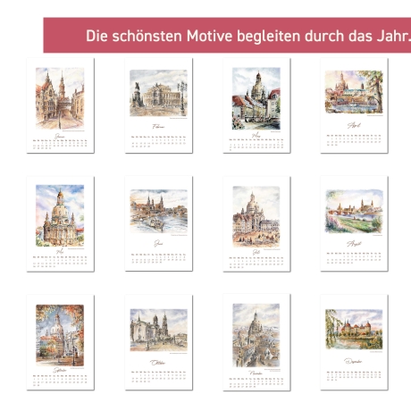 Kunst - Kalender Dresden 2027 mit Aquarell-Zeichnungen