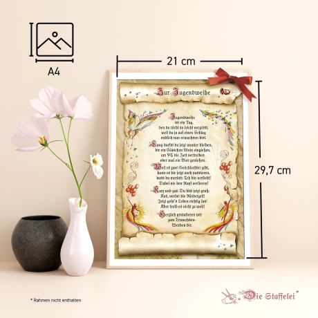 Geschenk Karte Urkunde Jugendweihe, Zeichnung mit humorvollem Gedicht, A4 Bild-Präsent