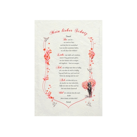 Geschenk Urkunde Mein lieber Schatz, Zeichnung mit humorvollem Gedicht, Bild-Präsent für den Partner, persönlich durch Wunschtext