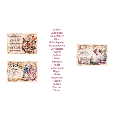 Geschenk Karte für verschiedene Hobbies, Zeichnung mit humorvollem Gedicht, A4 Bild-Präsent, 19 Motive für Hobbies