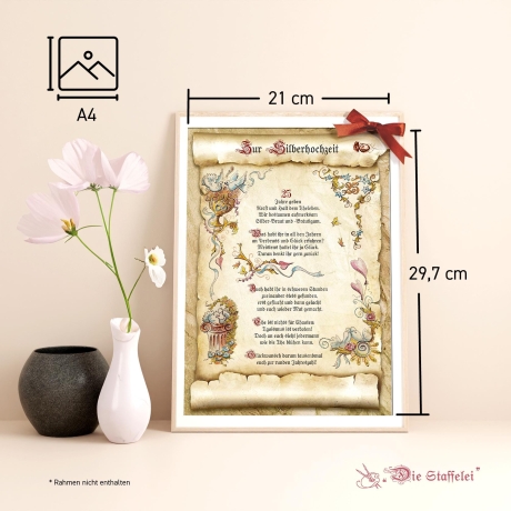 Geschenk Karte Urkunde Silberne Hochzeit, Zeichnung mit humorvollem Gedicht, A4 Bild-Präsent