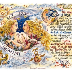 Geschenk Karte Sternzeichen Zwillinge, Zeichnung mit Spruchtext, A4 Bild-Präsent