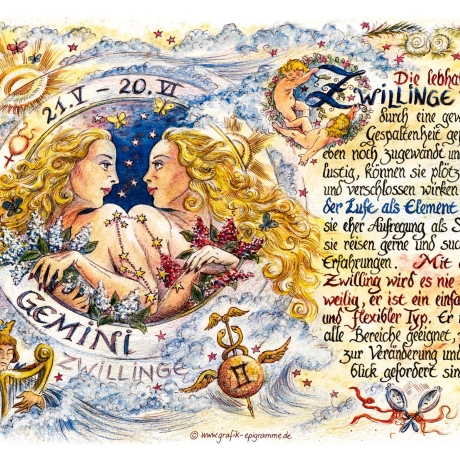 Geschenk Karte Sternzeichen Zwillinge, Zeichnung mit Spruchtext, A4 Bild-Präsent