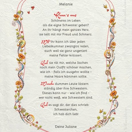 Geschenk Urkunde Meine liebe Schwester, Zeichnung mit humorvollem Gedicht, Bild-Präsent für die Schwester, persönlich durch Wunschtext
