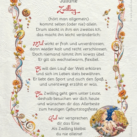 Geschenk Karte Urkunde Sternzeichen Zwilling, Zeichnung mit humorvollem Gedicht, A4 Bild-Präsent, persönlich durch Wunschtext
