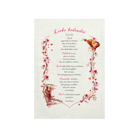 Geschenk Urkunde Liebe bedeutet, Zeichnung mit humorvollem Gedicht, Bild-Präsent für den Partner, persönlich durch Wunschtext
