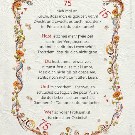 Geschenk Karte Urkunde 75. Geburtstag, Zeichnung mit humorvollem Gedicht, A4 Bild-Präsent