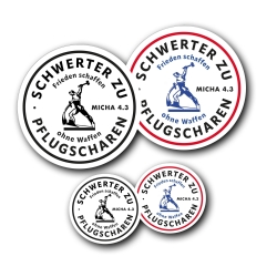 Die Staffelei Sticker „Schwerter zu Pflugscharen - Frieden schaffen ohne Waffen“ / selbstklebende Aufkleber in verschiedenen Ausführungen