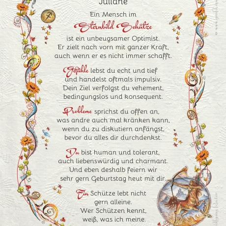 Geschenk Karte Urkunde Sternzeichen Schütze, Zeichnung mit humorvollem Gedicht, A4 Bild-Präsent für Schützen, persönlich durch Wunschtext