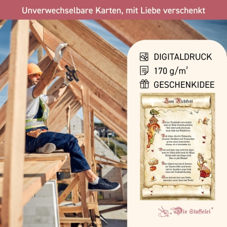 Geschenk Karte Urkunde Richtfest, Zeichnung mit humorvollem Gedicht, A4 Bild-Präsent