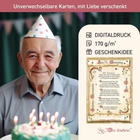 Geschenk Karte Urkunde 75. Geburtstag, Zeichnung mit humorvollem Gedicht, A4 Bild-Präsent