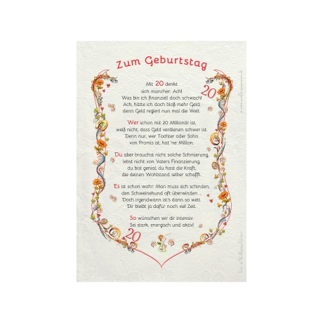 Geschenk Karte Urkunde 20. Geburtstag, Zeichnung mit humorvollem Gedicht, A4 Bild-Präsent