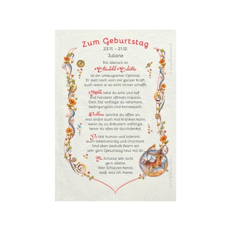 Geschenk Karte Urkunde Sternzeichen Schütze, Zeichnung mit humorvollem Gedicht, A4 Bild-Präsent für Schützen, persönlich durch Wunschtext