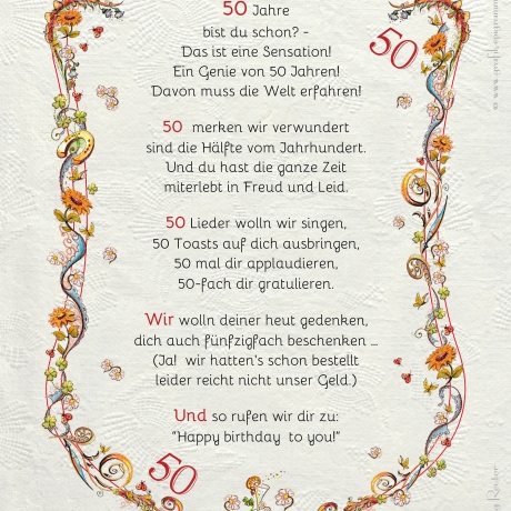 Geschenk Karte Urkunde 50. Geburtstag, Zeichnung mit humorvollem Gedicht, A4 Bild-Präsent