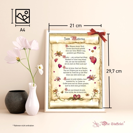 Geschenk Karte Urkunde Muttertag, Zeichnung mit humorvollem Gedicht, A4 Bild-Präsent
