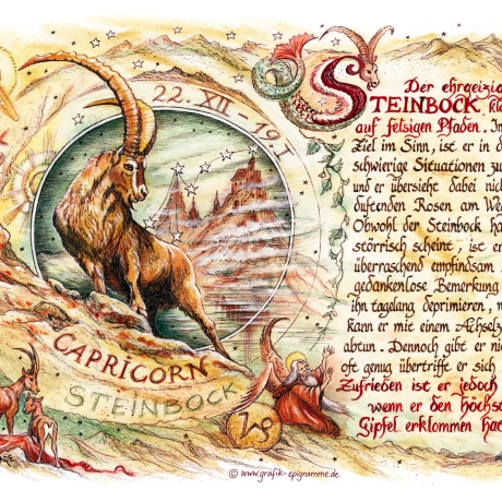 Geschenk Karte Sternzeichen Steinbock, Zeichnung mit Spruchtext, A4 Bild-Präsent