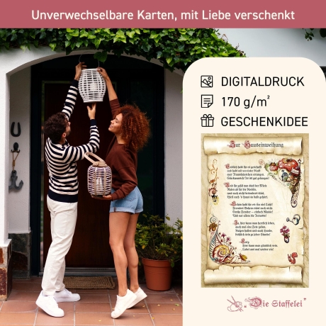 Geschenk Karte Urkunde Hauseinweihung, Zeichnung mit humorvollem Gedicht, A4 Bild-Präsent