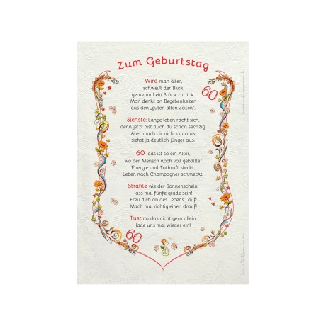 Geschenk Karte Urkunde 60. Geburtstag, Zeichnung mit humorvollem Gedicht, A4 Bild-Präsent