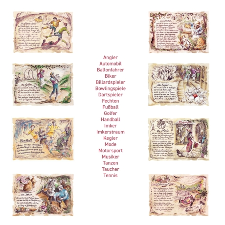 Geschenk Karte für verschiedene Hobbies, Zeichnung mit humorvollem Gedicht, A4 Bild-Präsent, 19 Motive für Hobbies