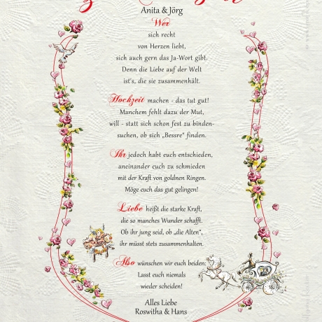 Geschenk Urkunde Hochzeit, Zeichnung mit humorvollem Gedicht, Bild-Präsent für die Heiratenden, persönlich durch Wunschtext
