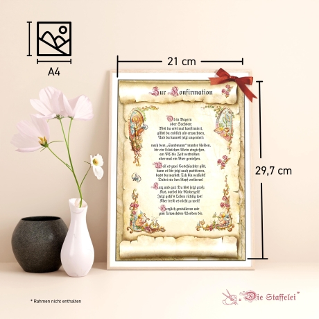 Geschenk Karte Urkunde Konfirmation, Zeichnung mit humorvollem Gedicht, A4 Bild-Präsent