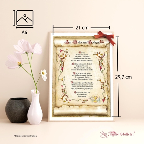 Geschenk Karte Urkunde Goldene Hochzeit, Zeichnung mit humorvollem Gedicht, A4 Bild-Präsent