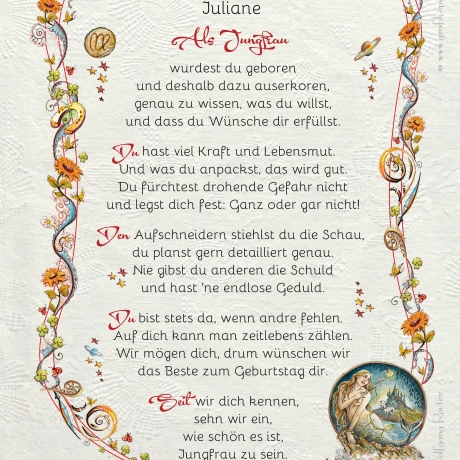Geschenk Karte Urkunde Sternzeichen Jungfrau, Zeichnung mit humorvollem Gedicht, A4 Bild-Präsent für Jungfrauen, persönlich durch Wunschtext