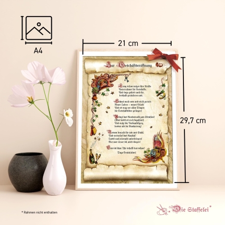 Geschenk Karte Urkunde Geschäftseröffnung, Zeichnung mit humorvollem Gedicht, A4 Bild-Präsent
